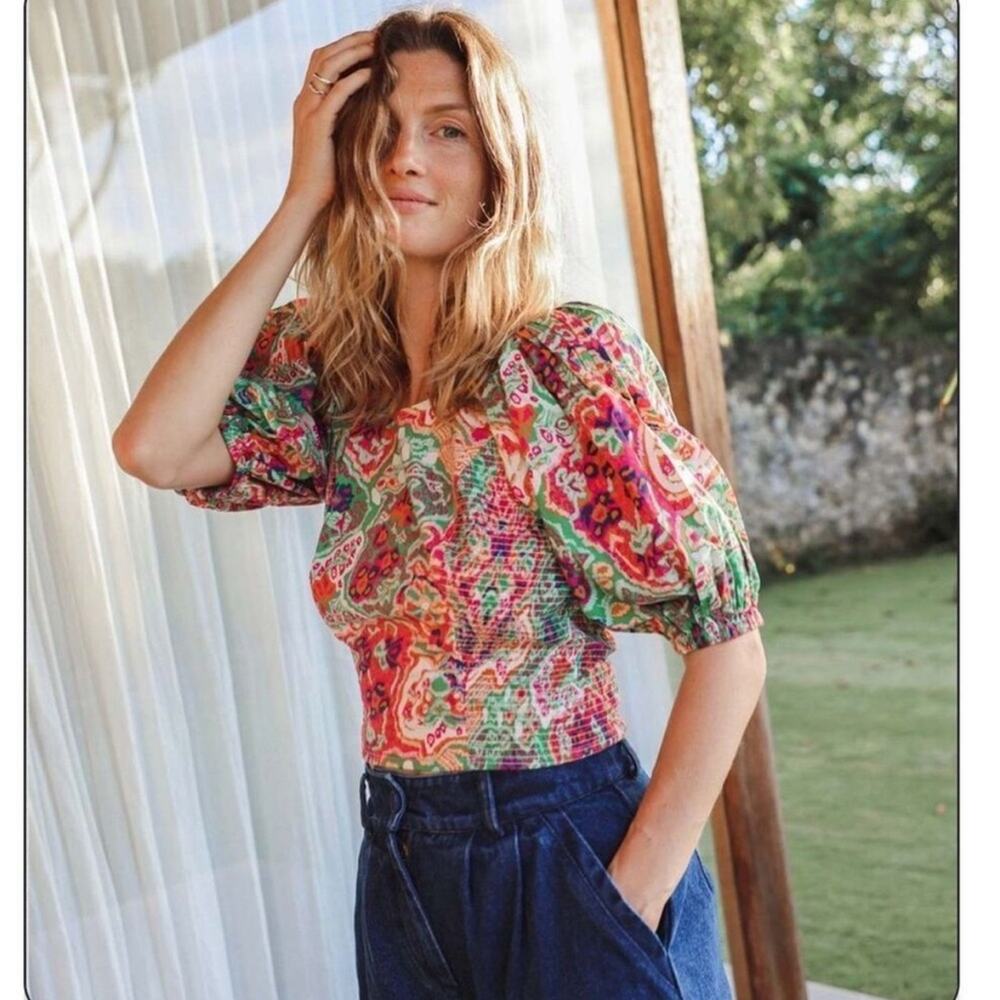 Cleobella Aminah Puff Sleeves Smocked Cropped Top in Print Panama NWT Size XS
